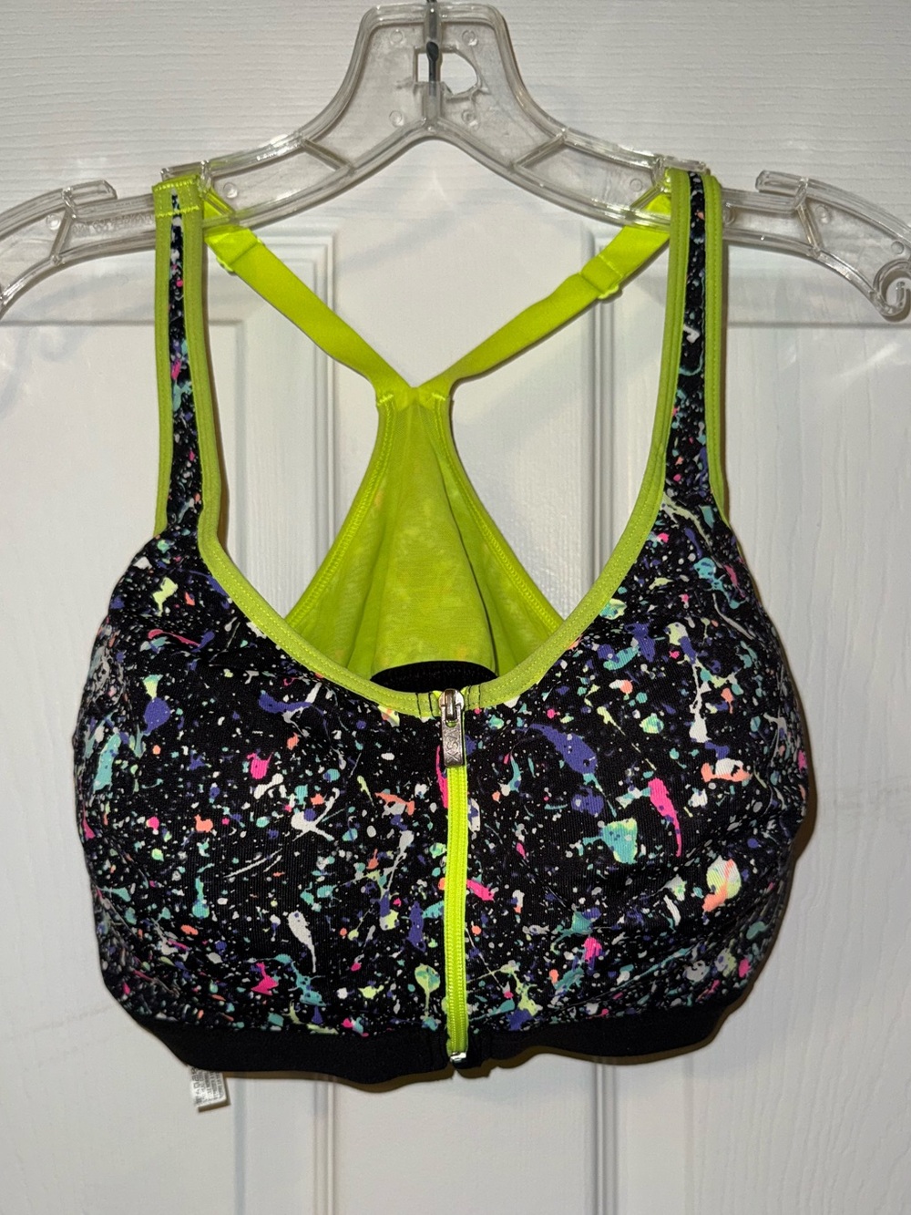 Neon Trim Black Splatter Front-Zip Sports Bra